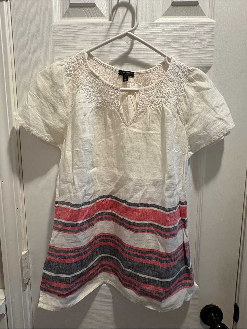 Talbots Alcott White Short Sleeve Tunic with Red and Navy Stripes Size P